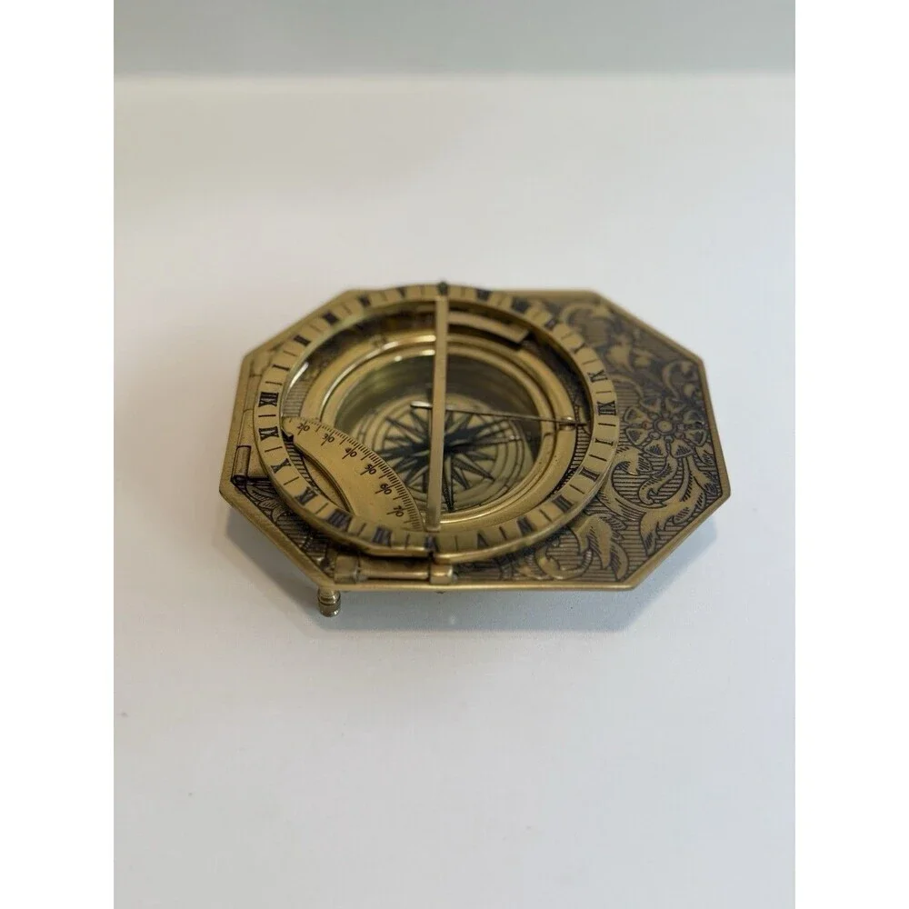 Vintage Franklin Mint Universal Sundial 1987 Brass Compass on Wood Base